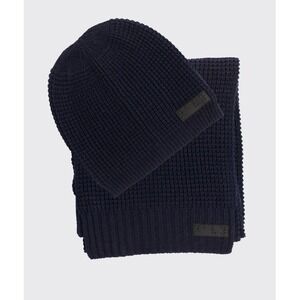 Two Blind Brothers Waffle Knit Beanie Scarf Set Navy Braille Wool Blend NWT